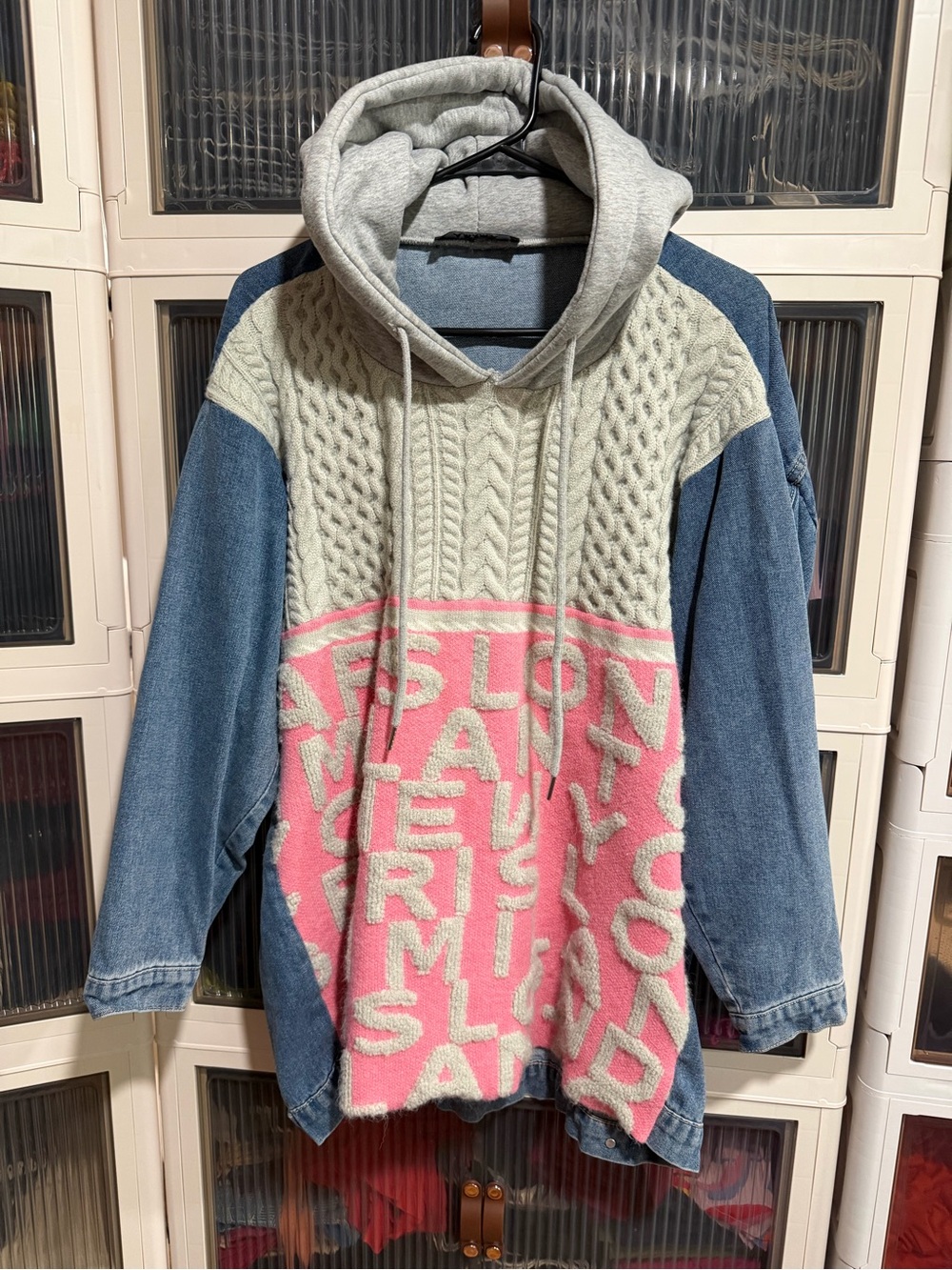 AKIRA Mixed-Media Cable Knit Hoodie in Gray, Pink & Denim